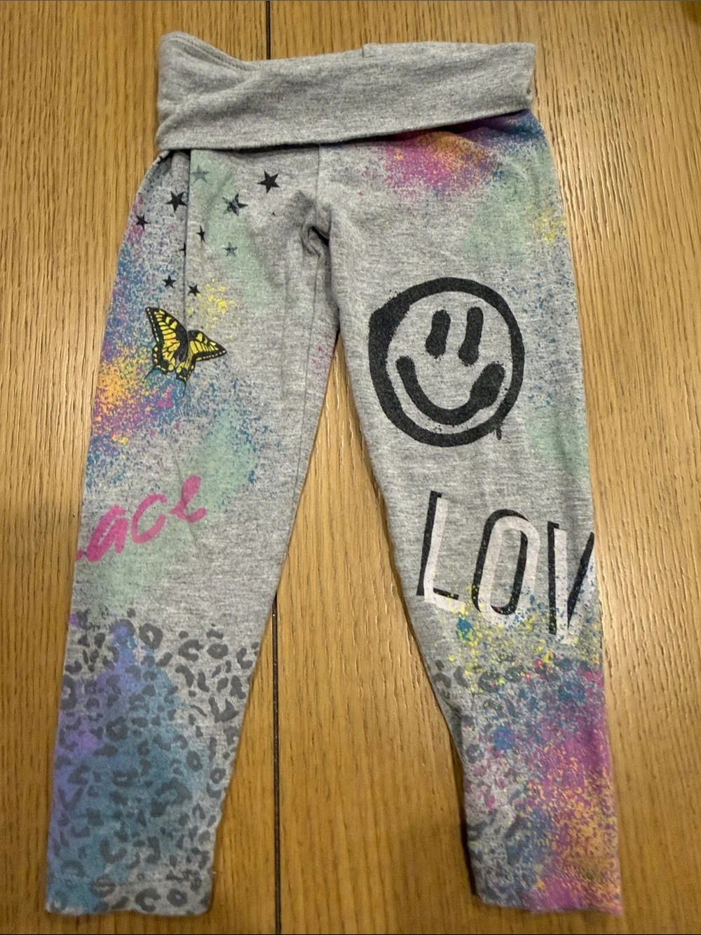 Flowers by Zoe Gray Leggings with Rainbow Splatter, Smiley & Butterfly